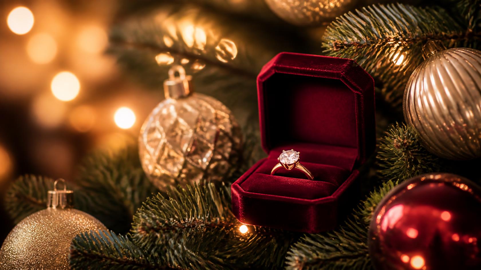 Christmas proposal ideas - engagement ring box hanging on a Christmas tree