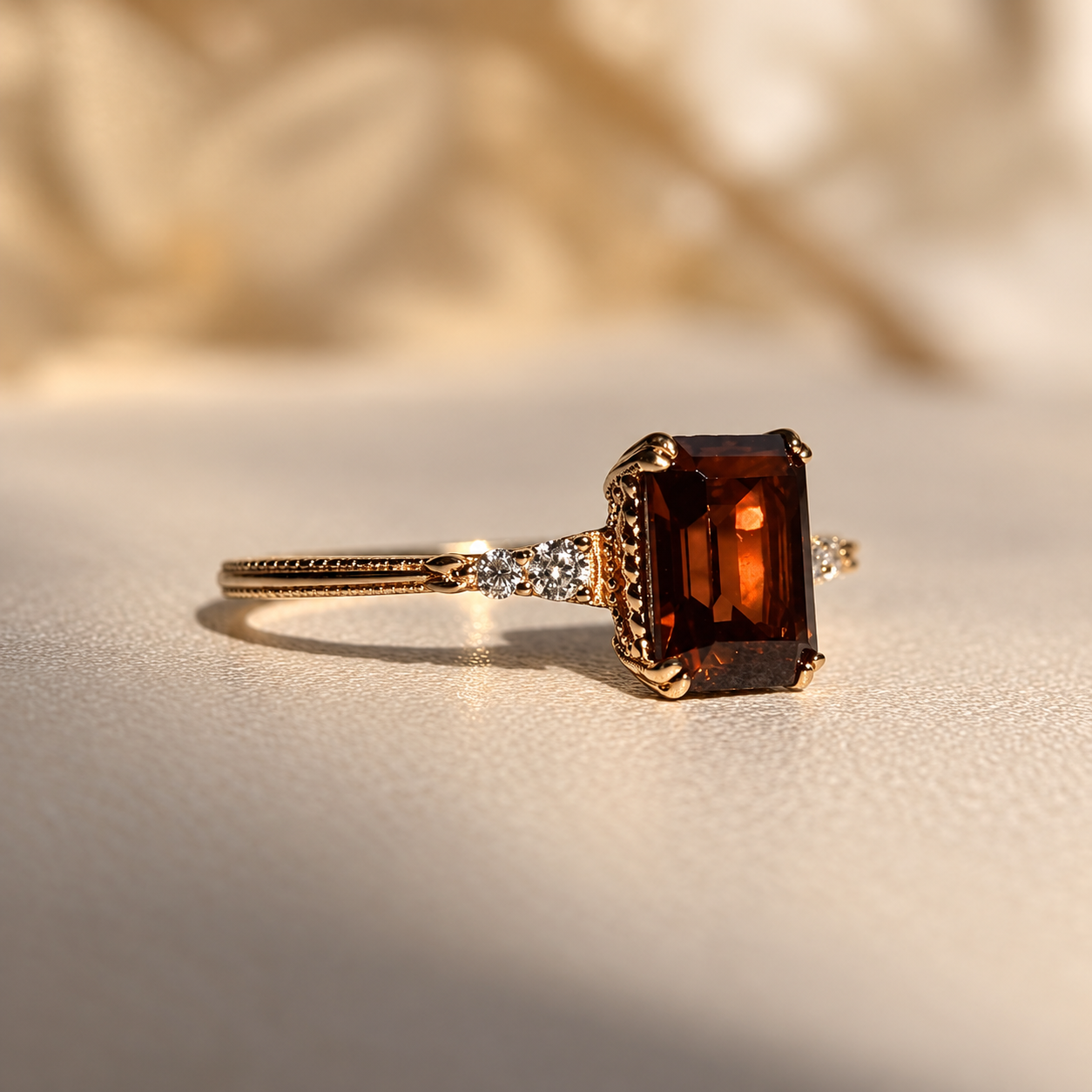Vintage emerald-cut garnet ring in rose gold with CZ accents